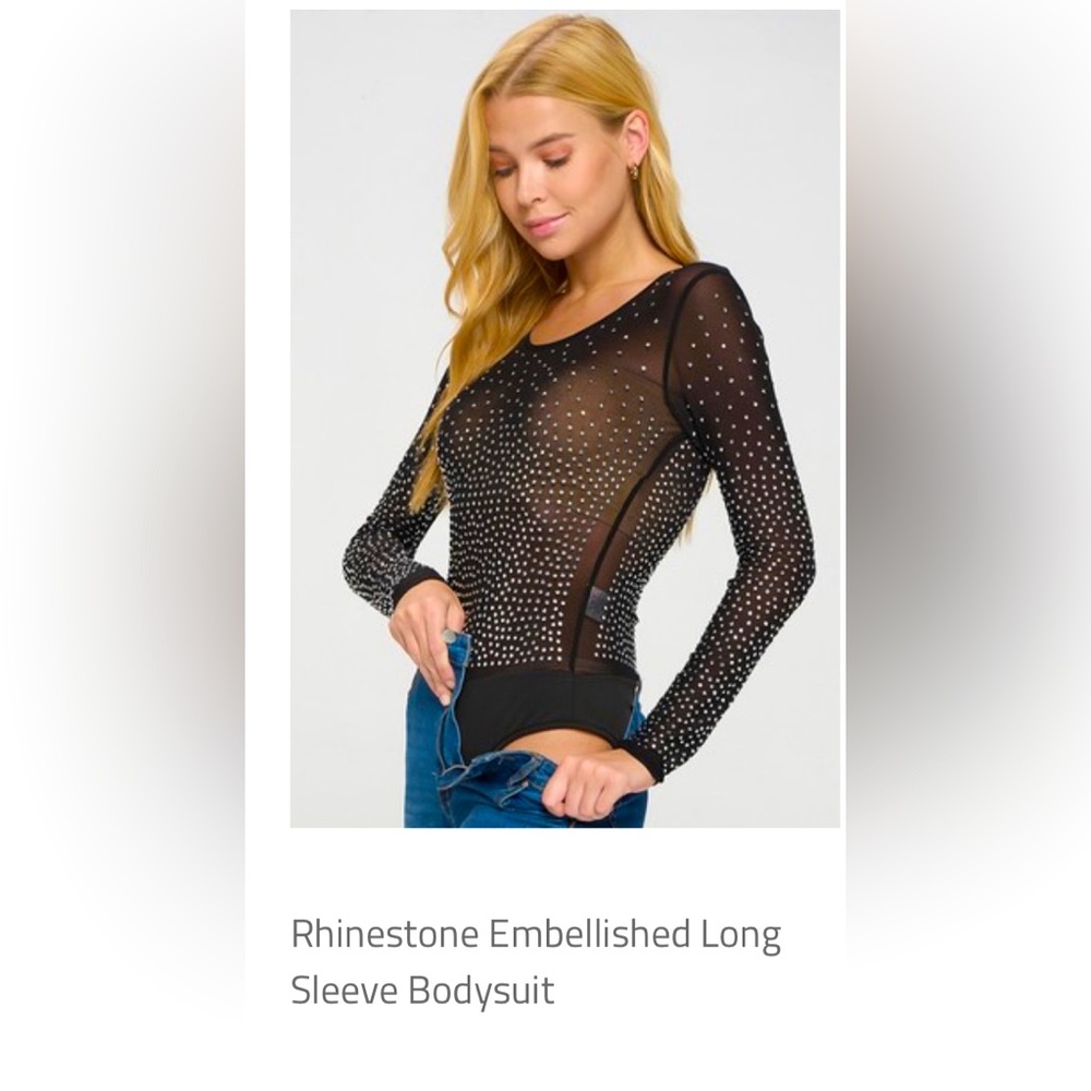 NWT Rhinestone O-Neck Long Sleeve Black Bodysuit